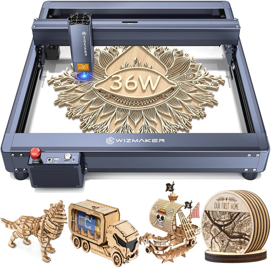 36W LASER ENGRAVER MACHINE & AIR ASSIST & LIGHTBURN CAMERA & ROTARY ROLLER & 500*500MM HONEYCOMB & ENCLOSURE WIZMAKER
