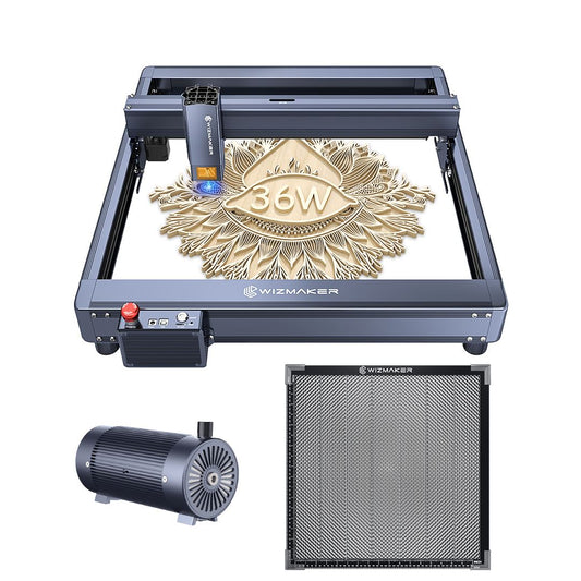 Essential Bundle:WIZMAKER L1 36W LASER ENGRAVER CUTTING MACHINE WITH AIR ASSIST & 500*500MM HONEYCOMB WIZMAKER Gray US Plug
