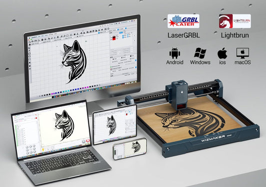 WIZMAKER lists LaserGRBL and LightBurn as software options for the WAND series