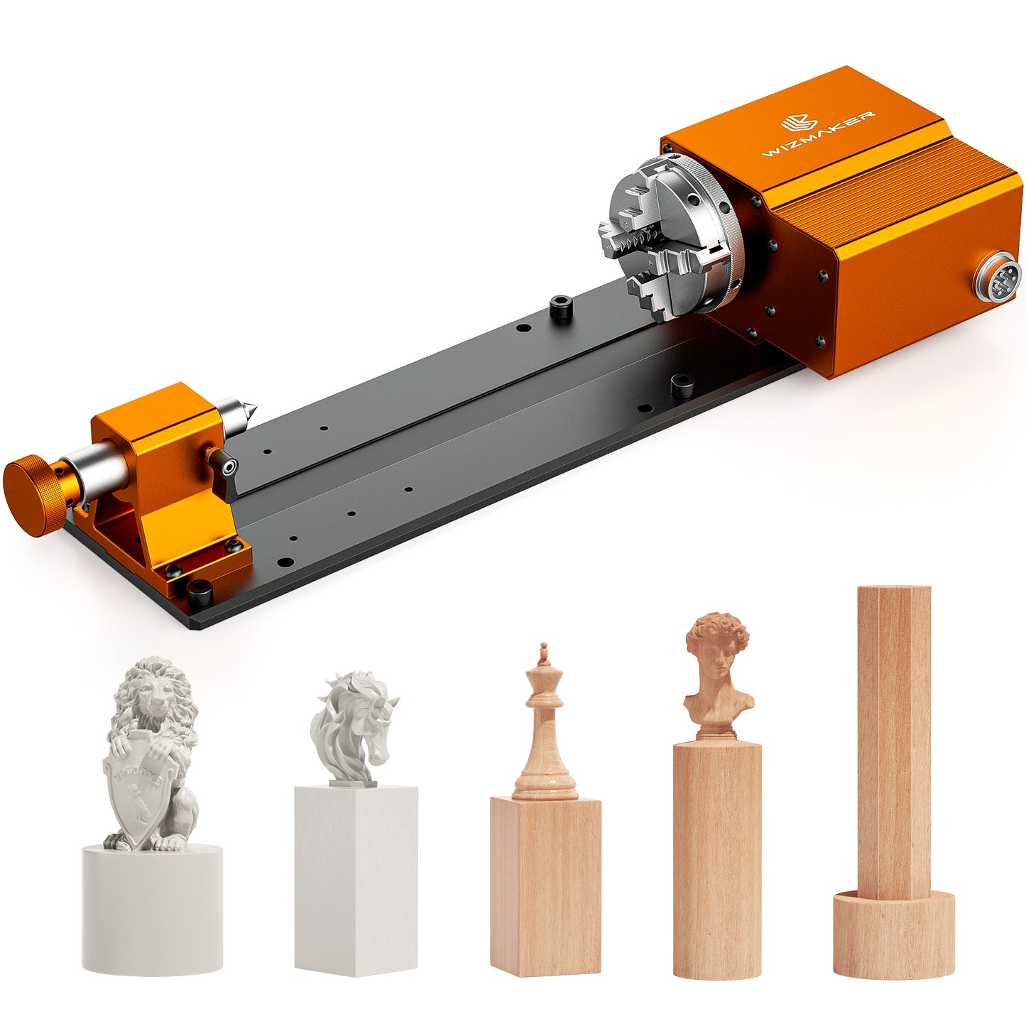 Woodworking router table with router bit and wood carvings on a white background