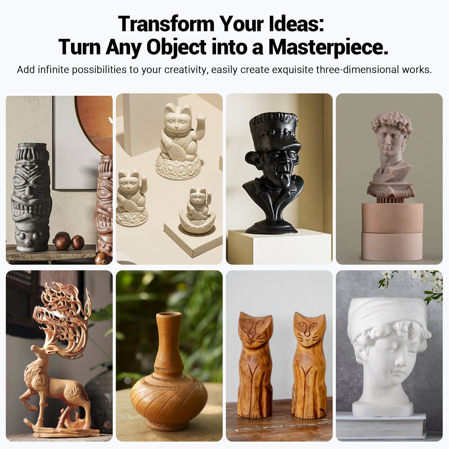 Collage of various three-dimensional sculptures can be created with WizMaker CNC Artisan 01 CNC Machine equipped with 4th Axis