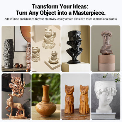 Collage of various three-dimensional sculptures can be created with WizMaker CNC Artisan 01 CNC Machine equipped with 4th Axis