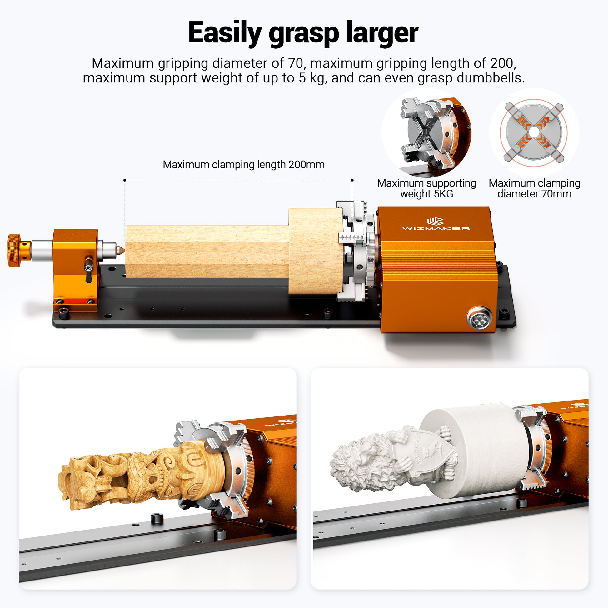 WizMaker 4th Axis for Artisan 01 CNC machine, Mechanical gripper with specifications and examples of gripping objects
