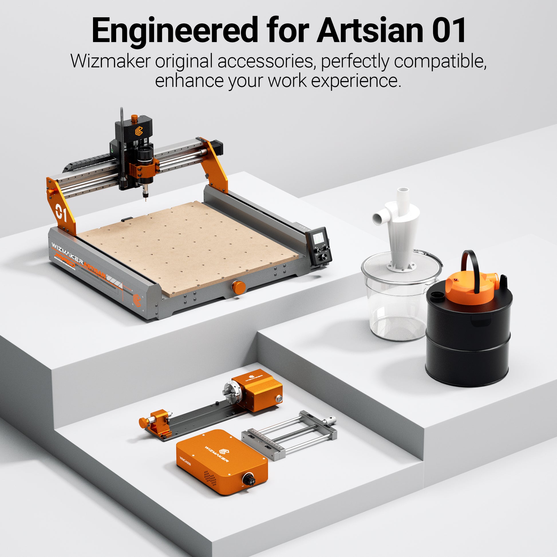 WizMaker original accessories for Artsian 01 machine including Dust collector, 4th Axis, Vise and 300W and 500W spindle