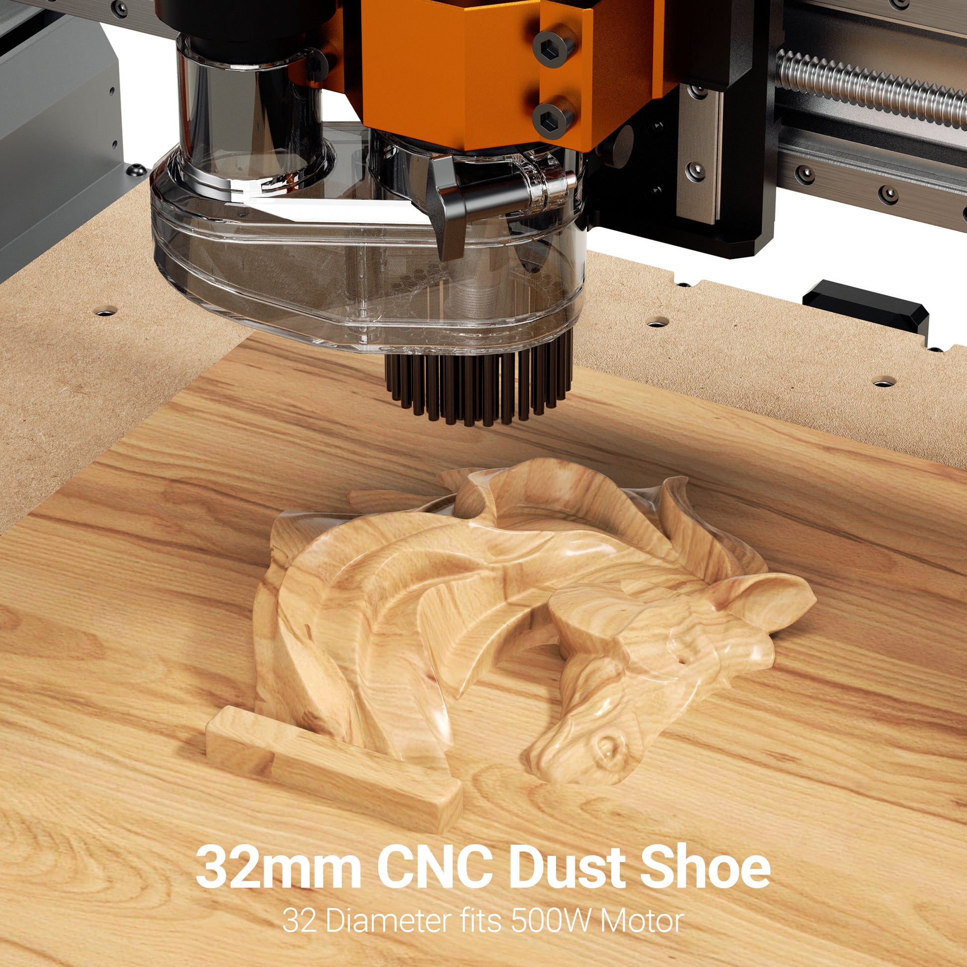 WizMaker Artisan 01 CNC machine with a dust shoe on a wooden surface, carving a design.