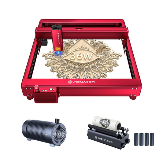 WIZMAKER L1 36W LASER ENGRAVER CUTTING MACHINE WITH AIR ASSIST & ROLLER ROTARY WIZMAKER Red US Plug 