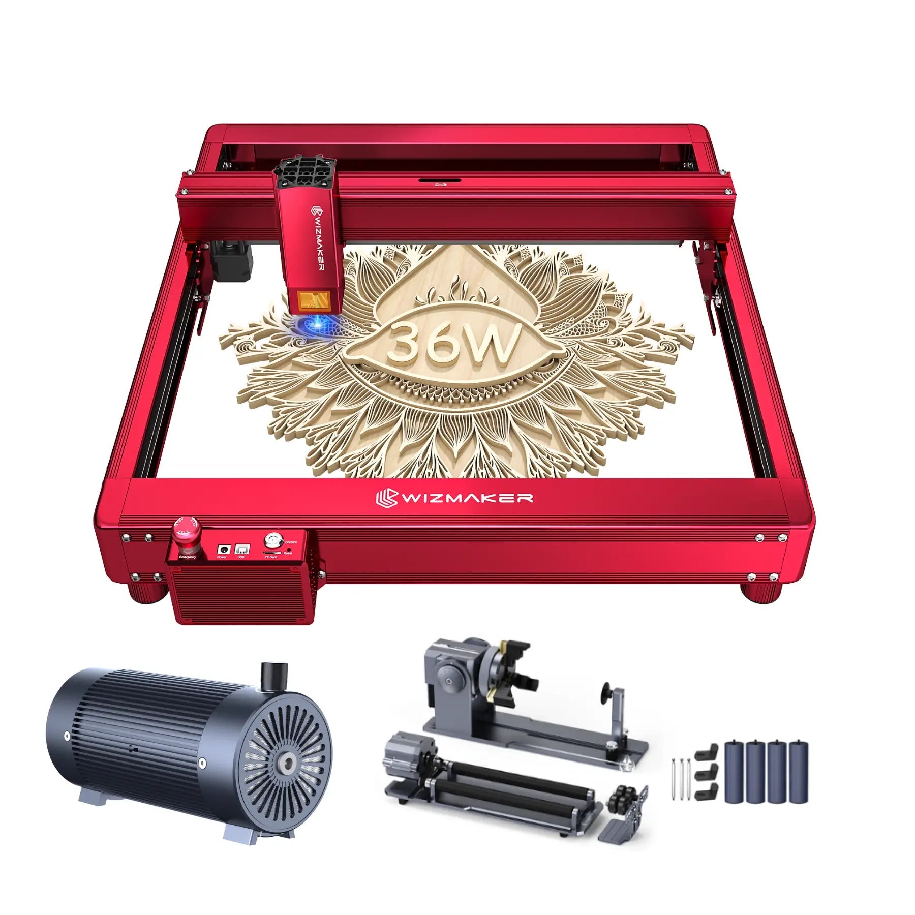 WIZMAKER L1 36W Laser Engraver Cutting Machine with Air Assist & 4-in-1 Laser Rotary Set WIZMAKER Red EU Plug 